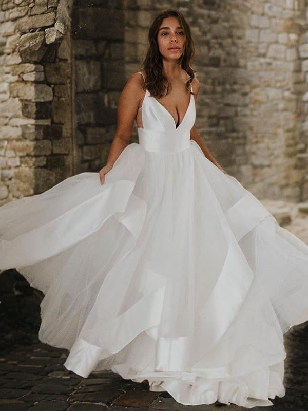 A-Line/Princess Tulle Ruffles V-neck Sleeveless Floor-Length Wedding Dresses Bridal Gowns