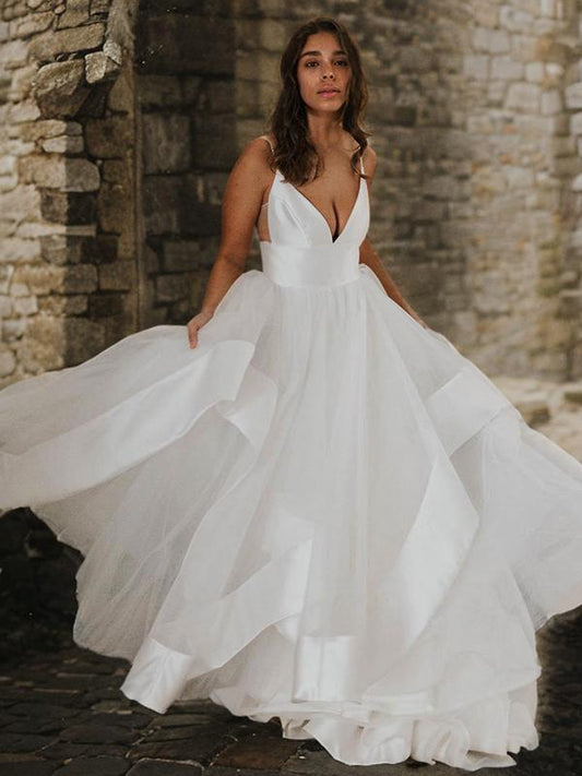 A-Line/Princess Tulle Ruffles V-neck Sleeveless Floor-Length Wedding Dresses Bridal Gowns