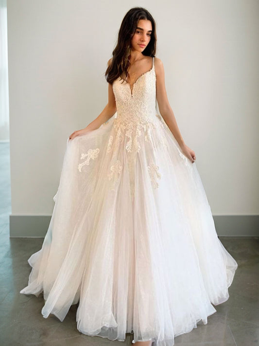 A-Line/Princess Lace Applique V-neck Sleeveless Sweep/Brush Train Wedding Dresses Bridal Gowns