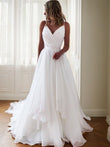 A-Line/Princess Organza  Ruffles V-neck Sleeveless Court Train Wedding Dresses Bridal Gowns