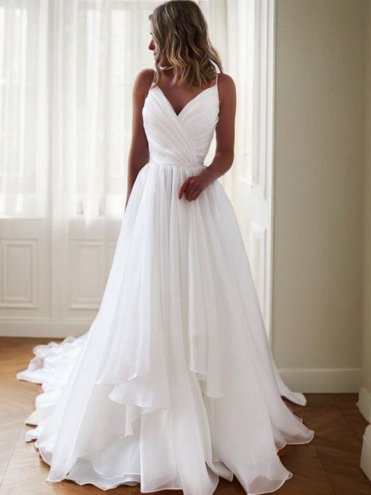 A-Line/Princess Organza  Ruffles V-neck Sleeveless Court Train Wedding Dresses Bridal Gowns