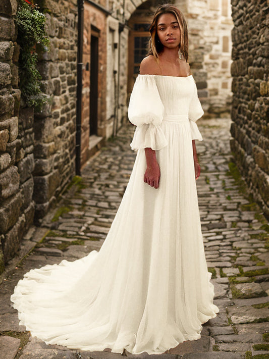 A-Line/Princess Chiffon Ruffles Off-the-Shoulder 3/4 Sleeves Sweep/Brush Train Wedding Dresses Bridal Gowns