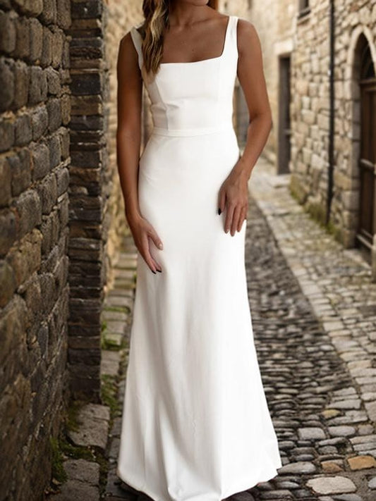 Sheath/Column Stretch Crepe Ruffles Straps Sleeveless Floor-Length Wedding Dresses Bridal Gowns