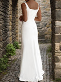 Sheath/Column Stretch Crepe Ruffles Straps Sleeveless Floor-Length Wedding Dresses Bridal Gowns