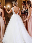 A-Line/Princess Tulle Bowknot Scoop Sleeveless Sweep/Brush Train Wedding Dresses Bridal Gowns