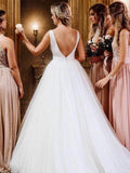 A-Line/Princess Tulle Bowknot Scoop Sleeveless Sweep/Brush Train Wedding Dresses Bridal Gowns
