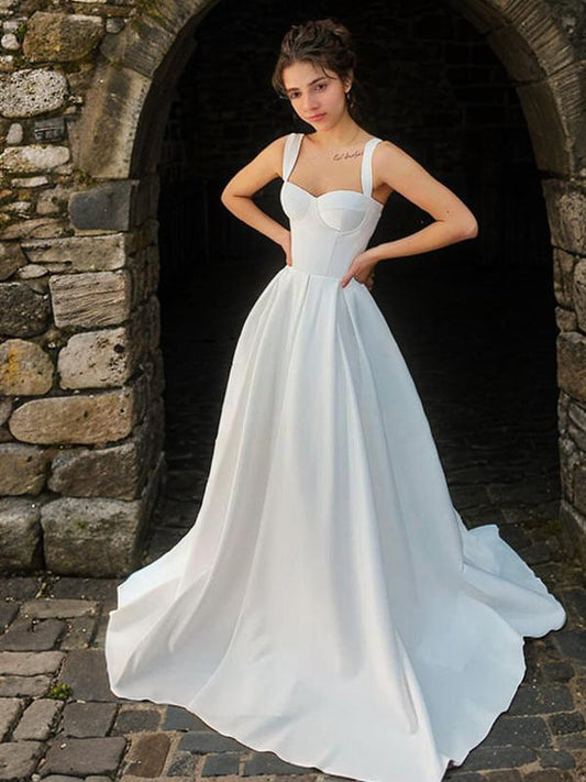 A-Line/Princess Satin Ruffles Straps Sleeveless Sweep/Brush Train Wedding Dresses Bridal Gowns