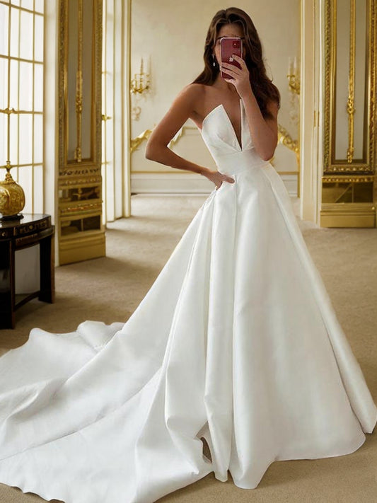 A-Line/Princess Satin Ruffles V-neck Sleeveless Sweep/Brush Train Wedding Dresses Bridal Gowns