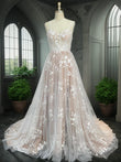 A-Line/Princess Lace Ruffles Sweetheart Sleeveless Sweep/Brush Train Wedding Dresses Bridal Gowns