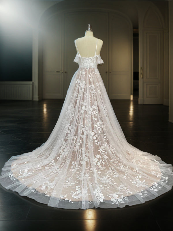 A-Line/Princess Lace Ruffles Sweetheart Sleeveless Sweep/Brush Train Wedding Dresses Bridal Gowns