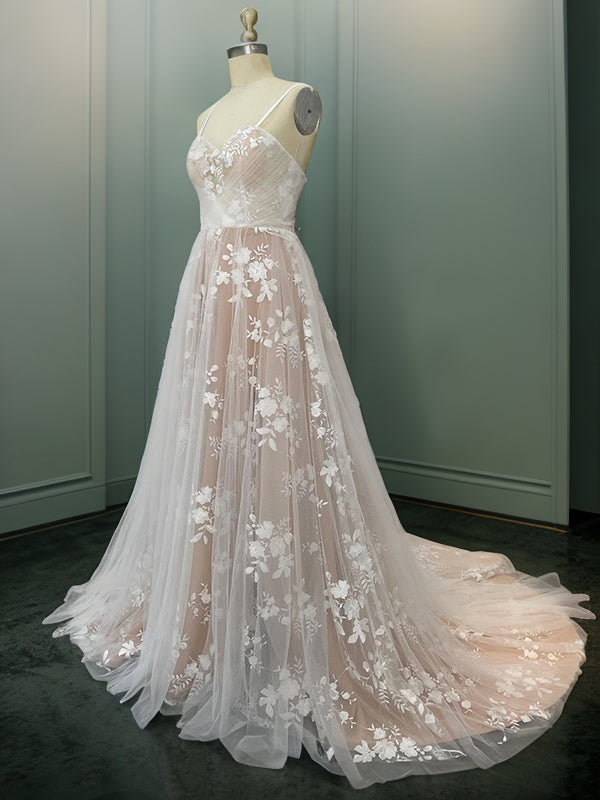 A-Line/Princess Lace Ruffles Sweetheart Sleeveless Sweep/Brush Train Wedding Dresses Bridal Gowns