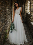 A-Line/Princess Tulle Lace V-neck Sleeveless Floor-Length Wedding Dresses Bridal Gowns