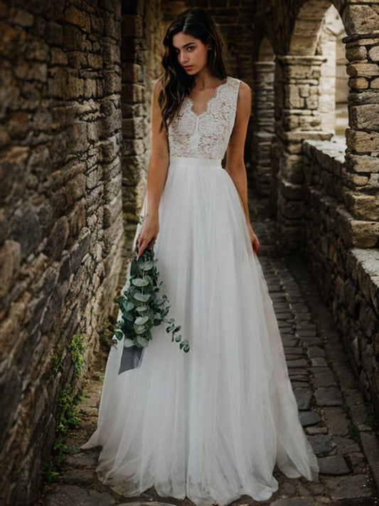 A-Line/Princess Tulle Lace V-neck Sleeveless Floor-Length Wedding Dresses Bridal Gowns