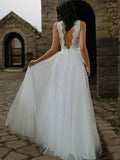 A-Line/Princess Tulle Lace V-neck Sleeveless Floor-Length Wedding Dresses Bridal Gowns
