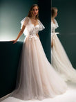 A-Line/Princess Tulle Applique Sweetheart Short Sleeves Sweep/Brush Train Wedding Dresses Bridal Gowns