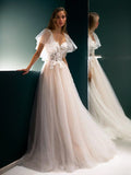 A-Line/Princess Tulle Applique Sweetheart Short Sleeves Sweep/Brush Train Wedding Dresses Bridal Gowns