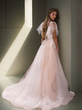 A-Line/Princess Tulle Applique Sweetheart Short Sleeves Sweep/Brush Train Wedding Dresses Bridal Gowns