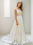 A-Line/Princess Lace Applique Scoop Sleeveless Sweep/Brush Train Wedding Dresses Bridal Gowns