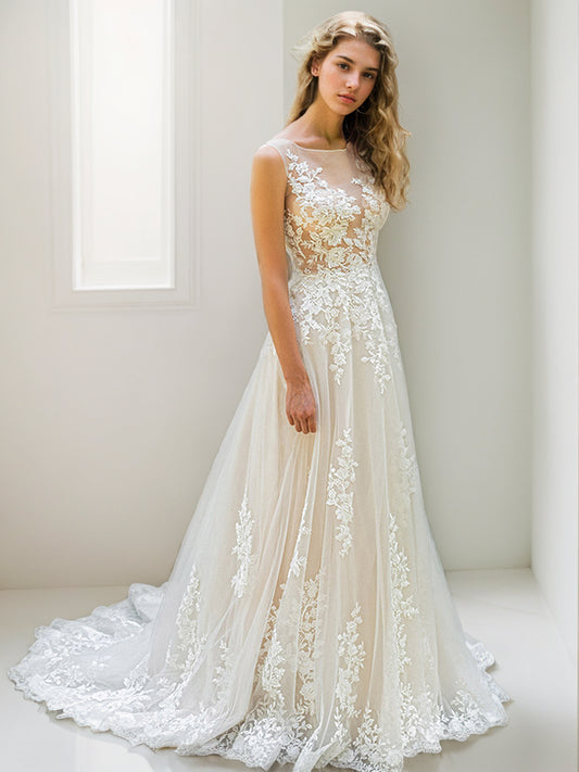 A-Line/Princess Lace Applique Scoop Sleeveless Sweep/Brush Train Wedding Dresses Bridal Gowns