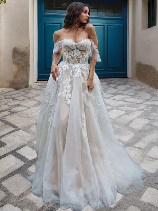 A-Line/Princess Lace Applique Off-the-Shoulder Sleeveless Sweep/Brush Train Wedding Dresses Bridal Gowns