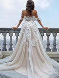 A-Line/Princess Lace Applique Off-the-Shoulder Sleeveless Sweep/Brush Train Wedding Dresses Bridal Gowns