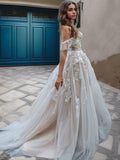 A-Line/Princess Lace Applique Off-the-Shoulder Sleeveless Sweep/Brush Train Wedding Dresses Bridal Gowns