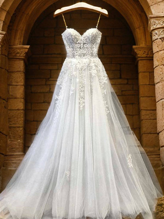 A-Line/Princess Lace Applique Sweetheart Sleeveless Floor-Length Wedding Dresses Bridal Gowns