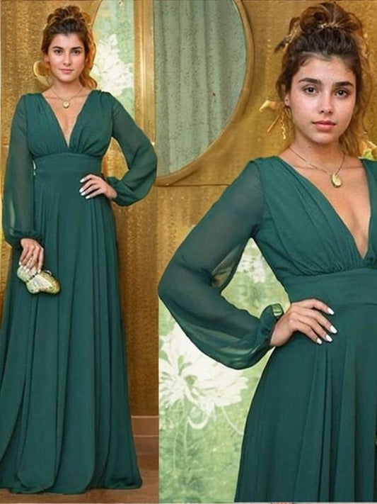Vestido de dama de honor de corte A/princesa, de gasa, con volantes, escote en V, mangas largas y cola larga, vestido para madre de la novia