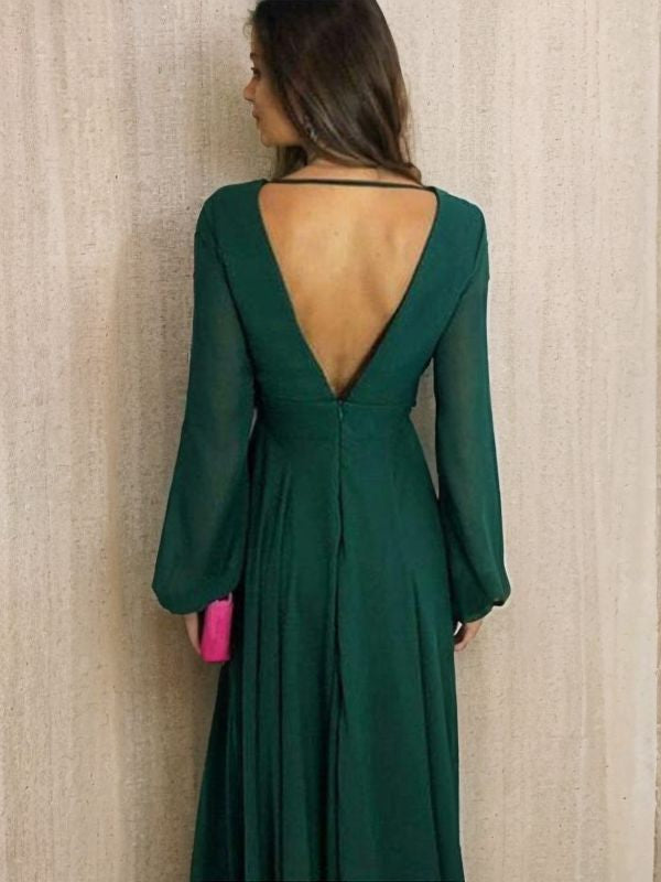 Vestido de dama de honor de corte A/princesa, de gasa, con volantes, escote en V, mangas largas y cola larga, vestido para madre de la novia