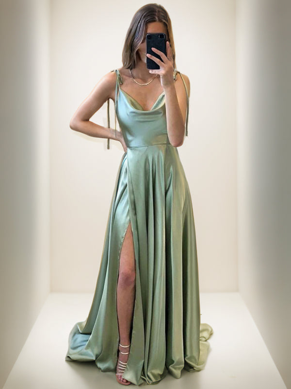 A-Line/Princess Silk like Satin Ruffles Spaghetti Straps Sleeveless Sweep/Brush Train Dresses Prom Dress