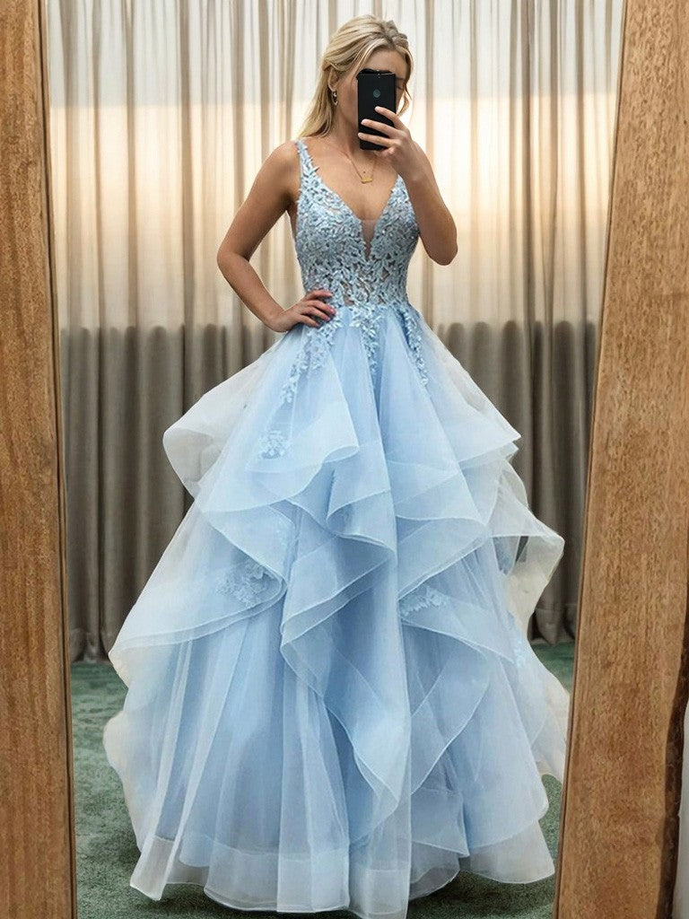 A-Line/Princess Tulle Applique V-neck Sleeveless Floor-Length Dresses Prom Evening Dress