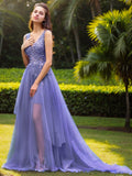 A-Linie/Princess-Linie Tüll Applikationen V-Ausschnitt Ärmellos Sweep/Pinsel zug Kleider Ball-/Abendkleid