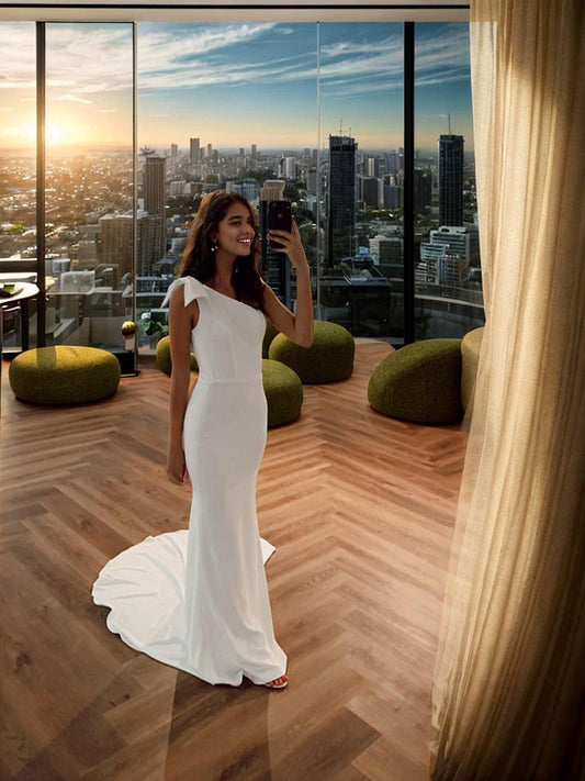 Sheath/Column Stretch Crepe Bowknot One-Shoulder Sleeveless Court Train Wedding Dresses Bridal Gowns