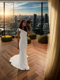 Sheath/Column Stretch Crepe Bowknot One-Shoulder Sleeveless Court Train Wedding Dresses Bridal Gowns
