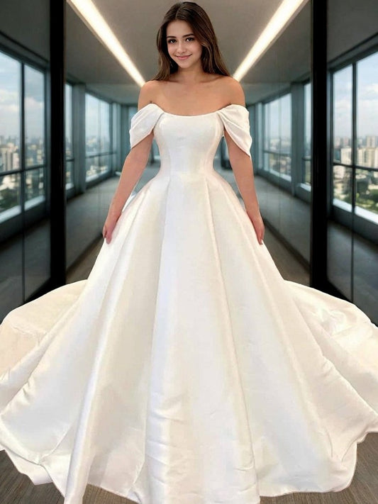 A-Line/Princess Satin Off-the-Shoulder Ruffles Short Sleeves Sweep/Brush Train Wedding Dresses Bridal Gowns