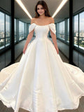 A-Line/Princess Satin Off-the-Shoulder Ruffles Short Sleeves Sweep/Brush Train Wedding Dresses Bridal Gowns