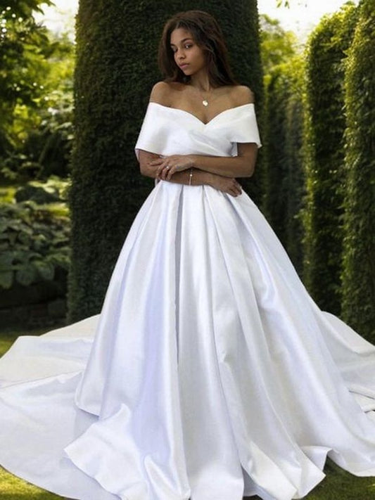 A-Line/Princess Satin Ruffles Off-the-Shoulder Sleeveless Sweep/Brush Train Wedding Dresses Bridal Gowns