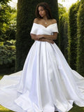 A-Line/Princess Satin Ruffles Off-the-Shoulder Sleeveless Sweep/Brush Train Wedding Dresses Bridal Gowns