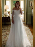 A-Line/Princess Tulle Ruffles Off-the-Shoulder 3/4 Sleeves Floor-Length Wedding Dresses Bridal Gowns