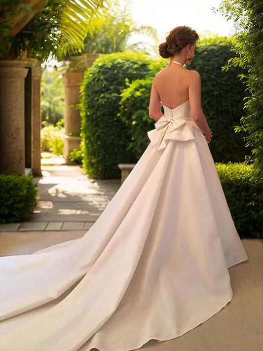 A-Line/Princess Satin Bowknot Halter Sleeveless Court Train Wedding Dresses Bridal Gowns