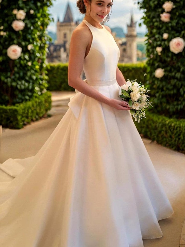 A-Line/Princess Satin Bowknot Halter Sleeveless Court Train Wedding Dresses Bridal Gowns