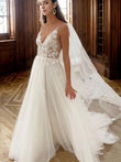 A-Line/Princess Tulle Applique V-neck Sleeveless Sweep/Brush Train Wedding Dresses Bridal Gowns