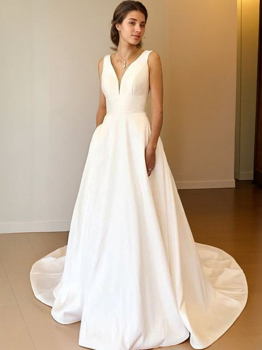 A-Line/Princess Satin Ruffles V-neck Sleeveless Sweep/Brush Train Wedding Dresses Bridal Gowns