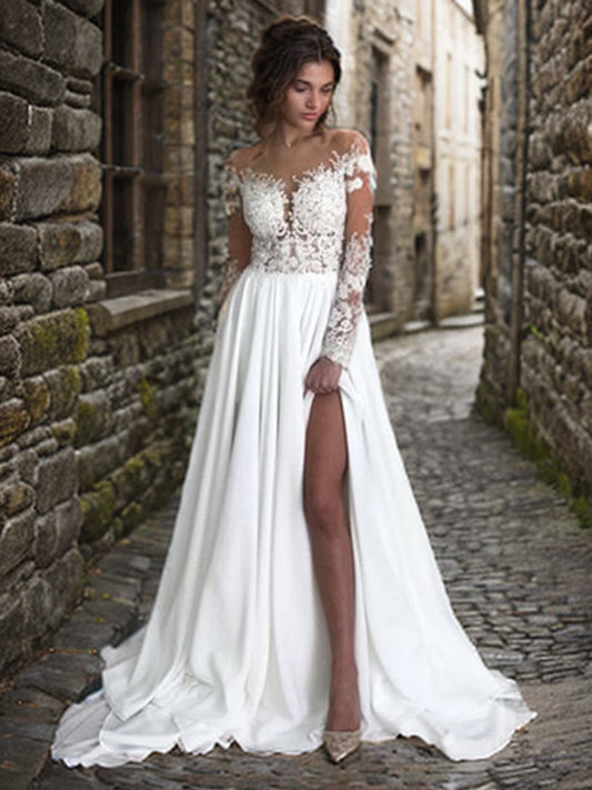 A-Line/Princess Chiffon Applique Scoop Long Sleeves Sweep/Brush Train Wedding Dresses Bridal Gowns