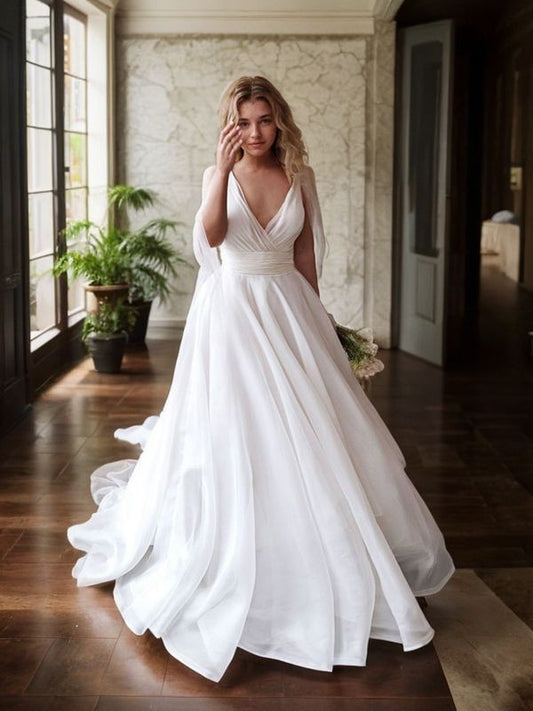 A-Line/Princess Organza Ruffles V-neck Sleeveless Sweep/Brush Train Wedding Dresses Bridal Gowns