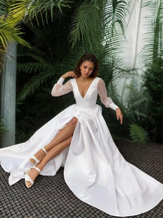 A-Line/Princess Satin Ruffles V-neck Long Sleeves Sweep/Brush Train Wedding Dresses Bridal Gowns