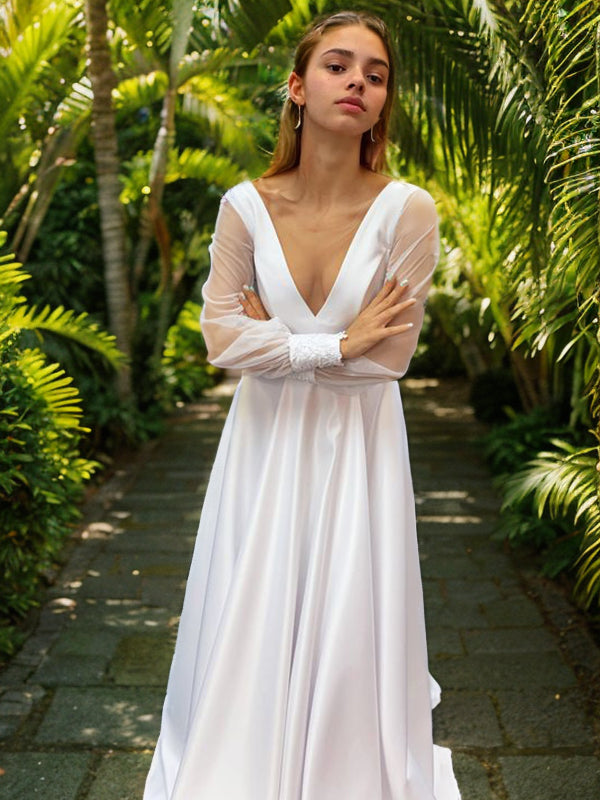 A-Line/Princess Satin Ruffles V-neck Long Sleeves Sweep/Brush Train Wedding Dresses Bridal Gowns