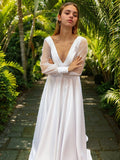 A-Line/Princess Satin Ruffles V-neck Long Sleeves Sweep/Brush Train Wedding Dresses Bridal Gowns