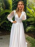 A-Line/Princess Satin Ruffles V-neck Long Sleeves Sweep/Brush Train Wedding Dresses Bridal Gowns