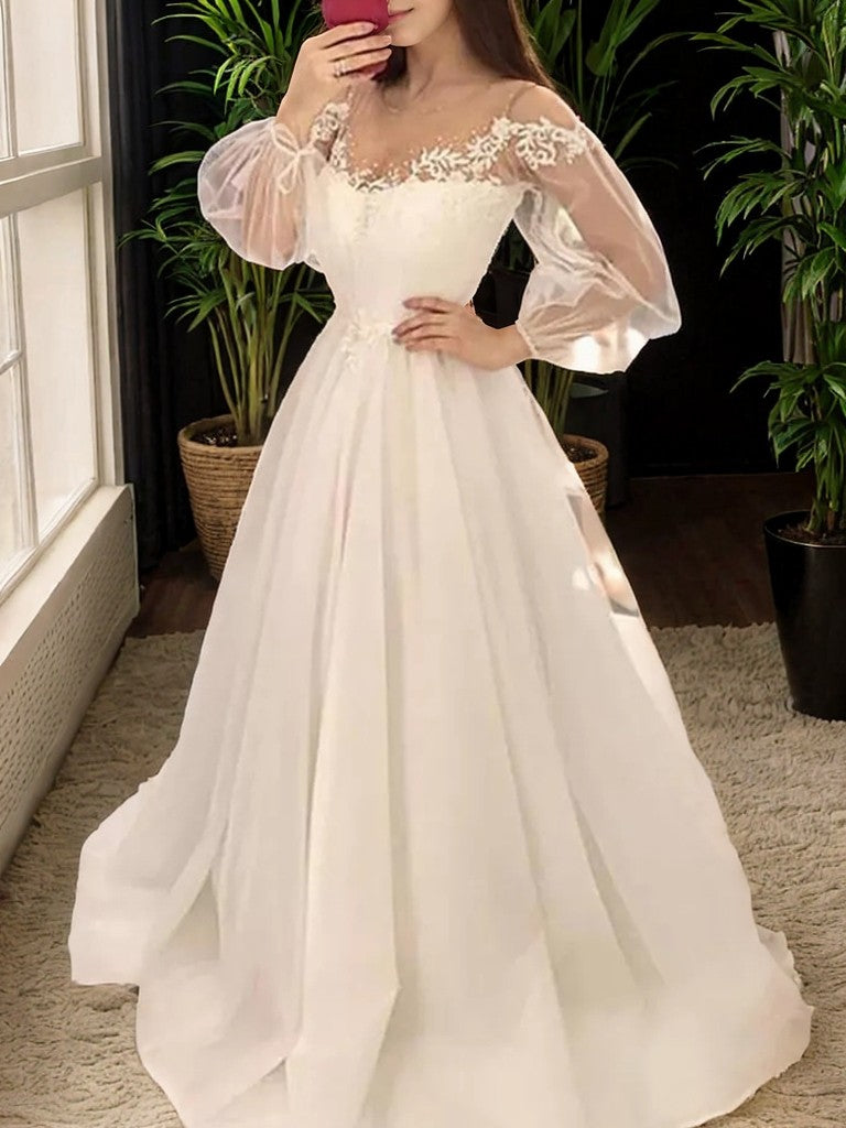 A-Line/Princess Tulle Applique Scoop Long Sleeves Sweep/Brush Train Wedding Dresses Bridal Gowns